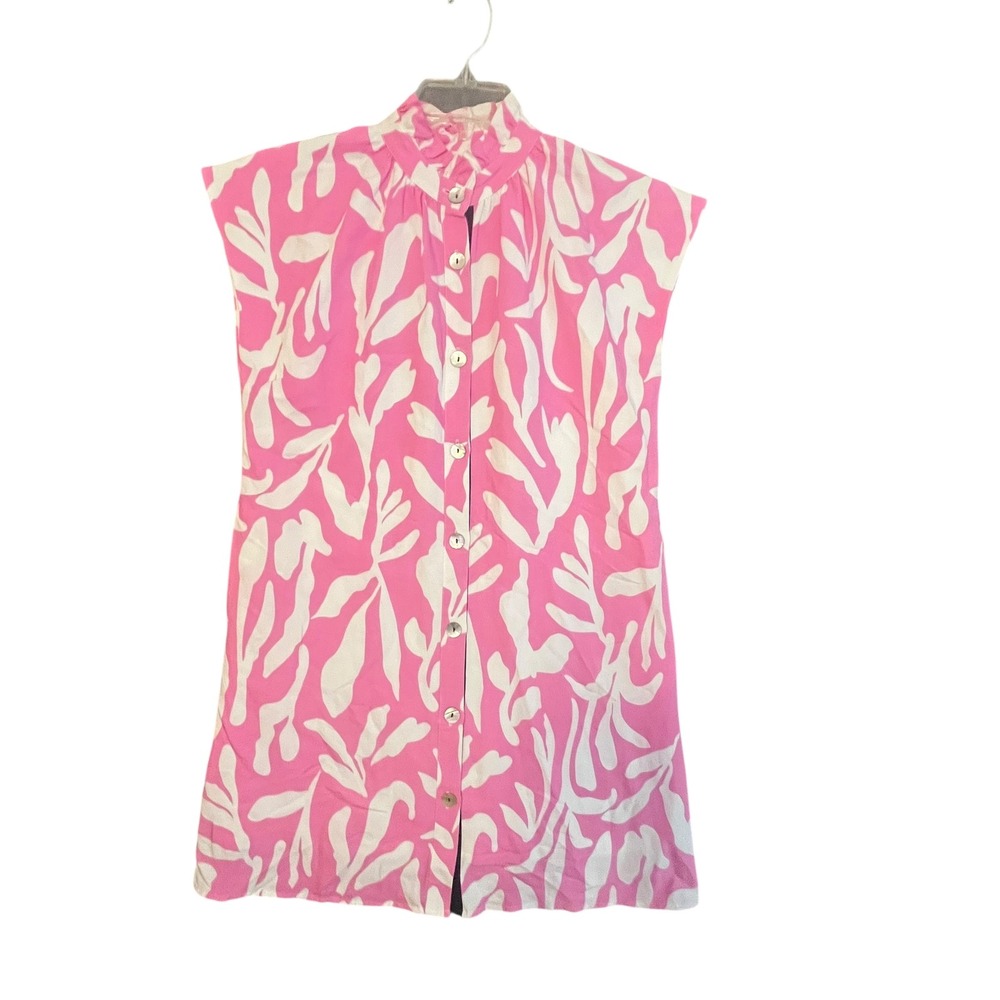 THML Trish Dress‎ XS Pink White Leaf Print Button Down High Neck Mini Lined NWOT